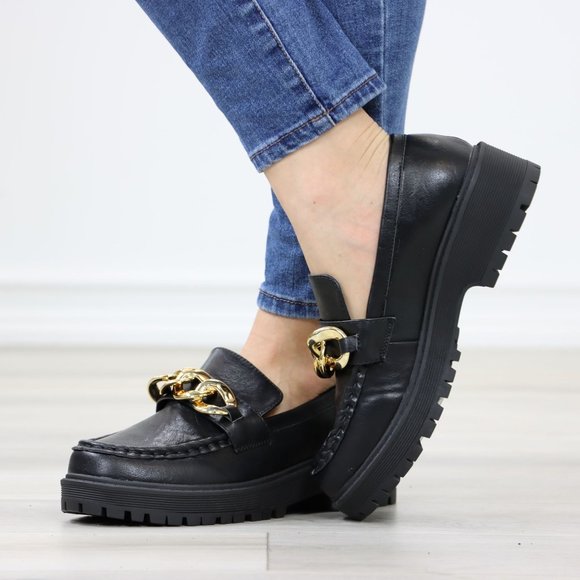 Chunky Lug Sole Slip On Penny Loafers Platform With Gold Chain - Picture 8 of 13